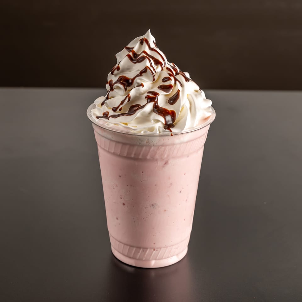 Pink milkshake topped with whipped cream and chocolate syrup in a clear cup on a dark surface.