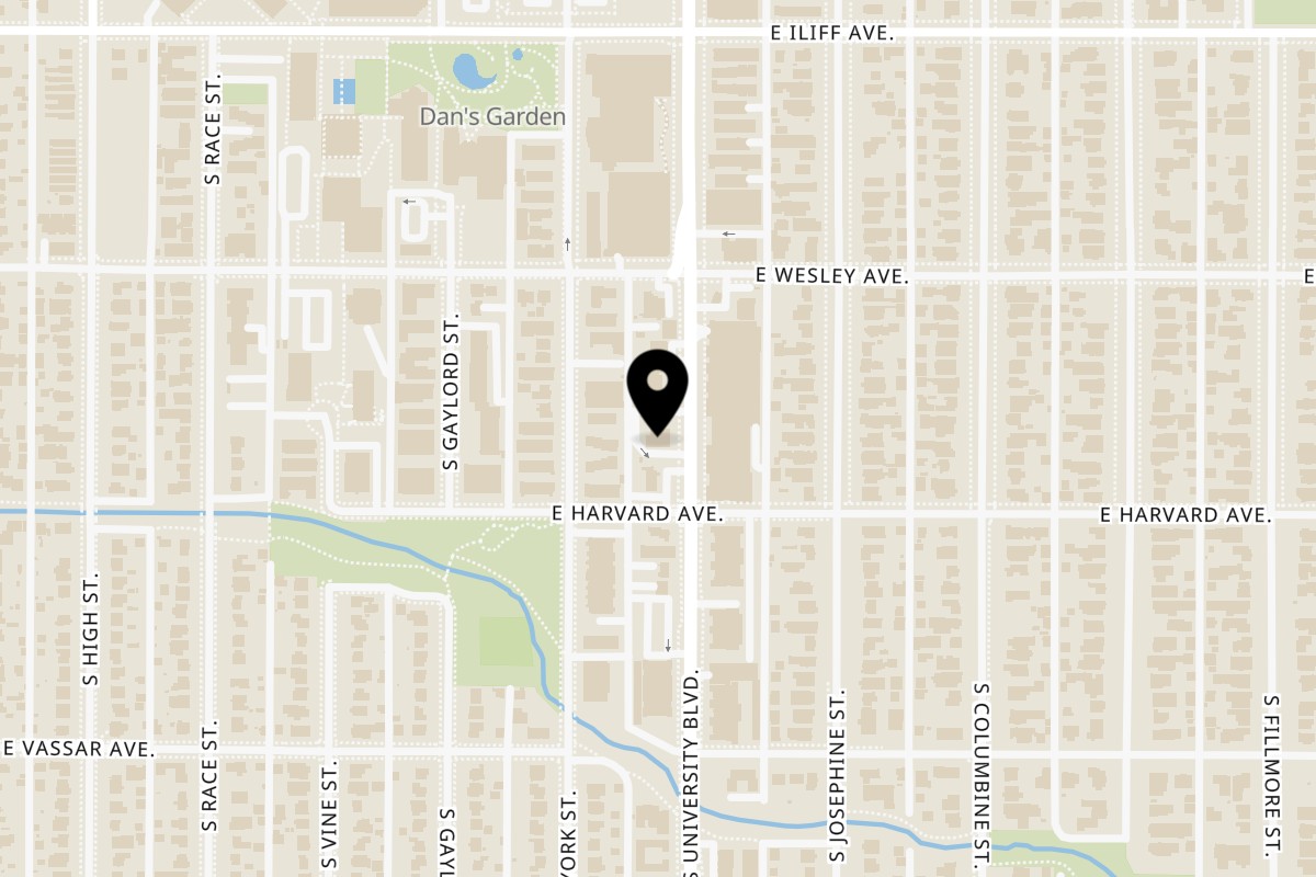 Map showing the location of Blazing Bird Nashville Hot Chicken University on 2485 S University Blvd in Denver