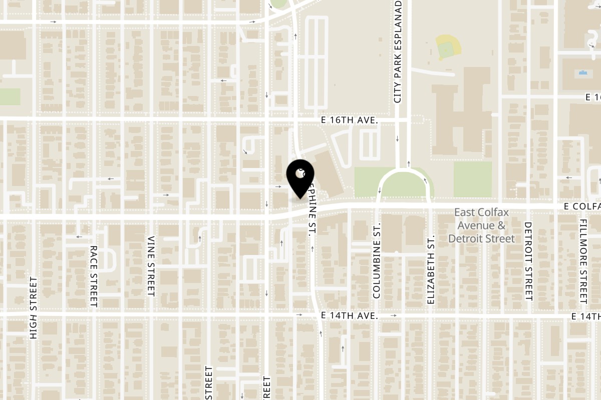 Map showing the location of Blazing Bird Nashville Hot Chicken East on 2341 E Colfax Ave in Denver