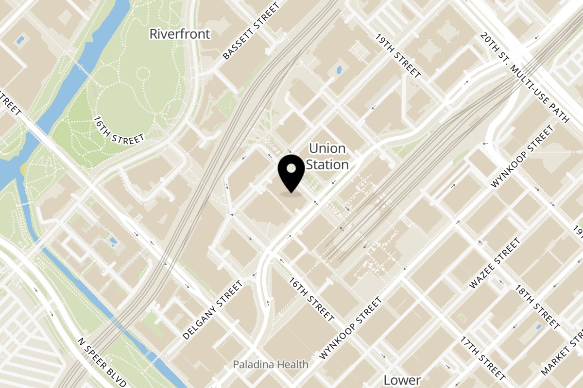 Map showing the location of Blazing Bird Nashville Hot Chicken Downtown on 1920 17th St in Denver