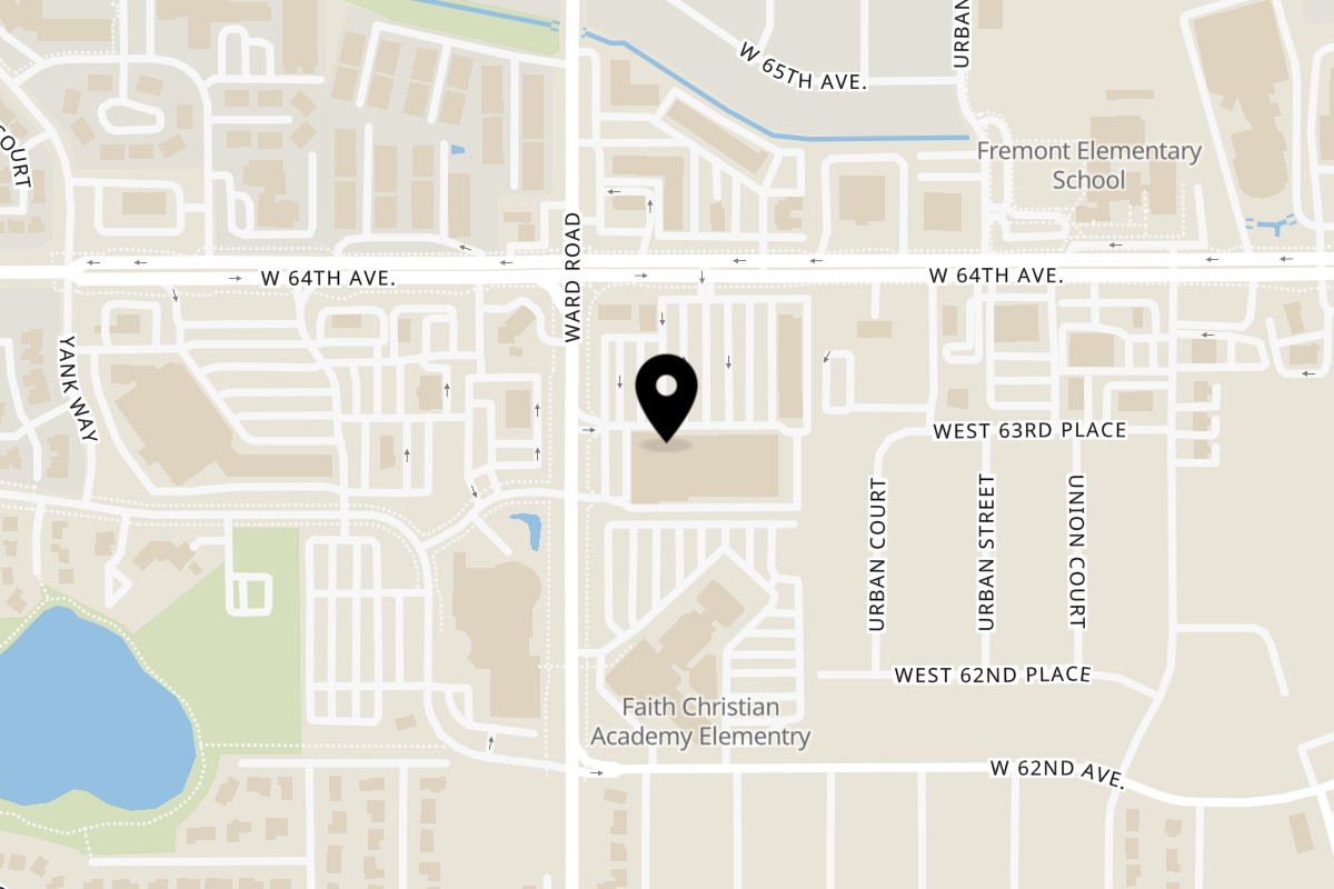 Map showing the location of Blazing Bird Nashville Hot Chicken Arvada on 12368 W 64th Ave #12 in Arvada