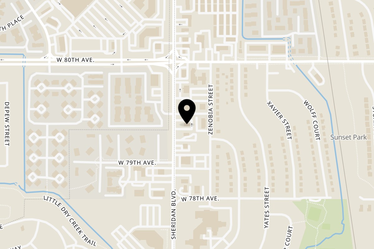 Map showing the location of Blazing Bird Nashville Hot Chicken Westminster on 7960 Sheridan Blvd in Westminster